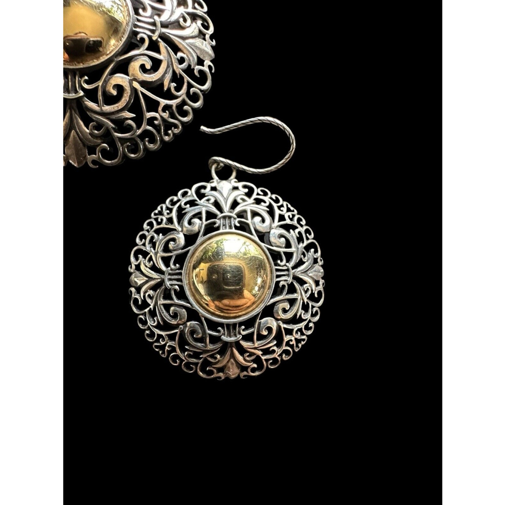 Sterling Silver & 14k Gold Ornate Filigree Drop Dangle Earrings & Pendant - Picture 3 of 9